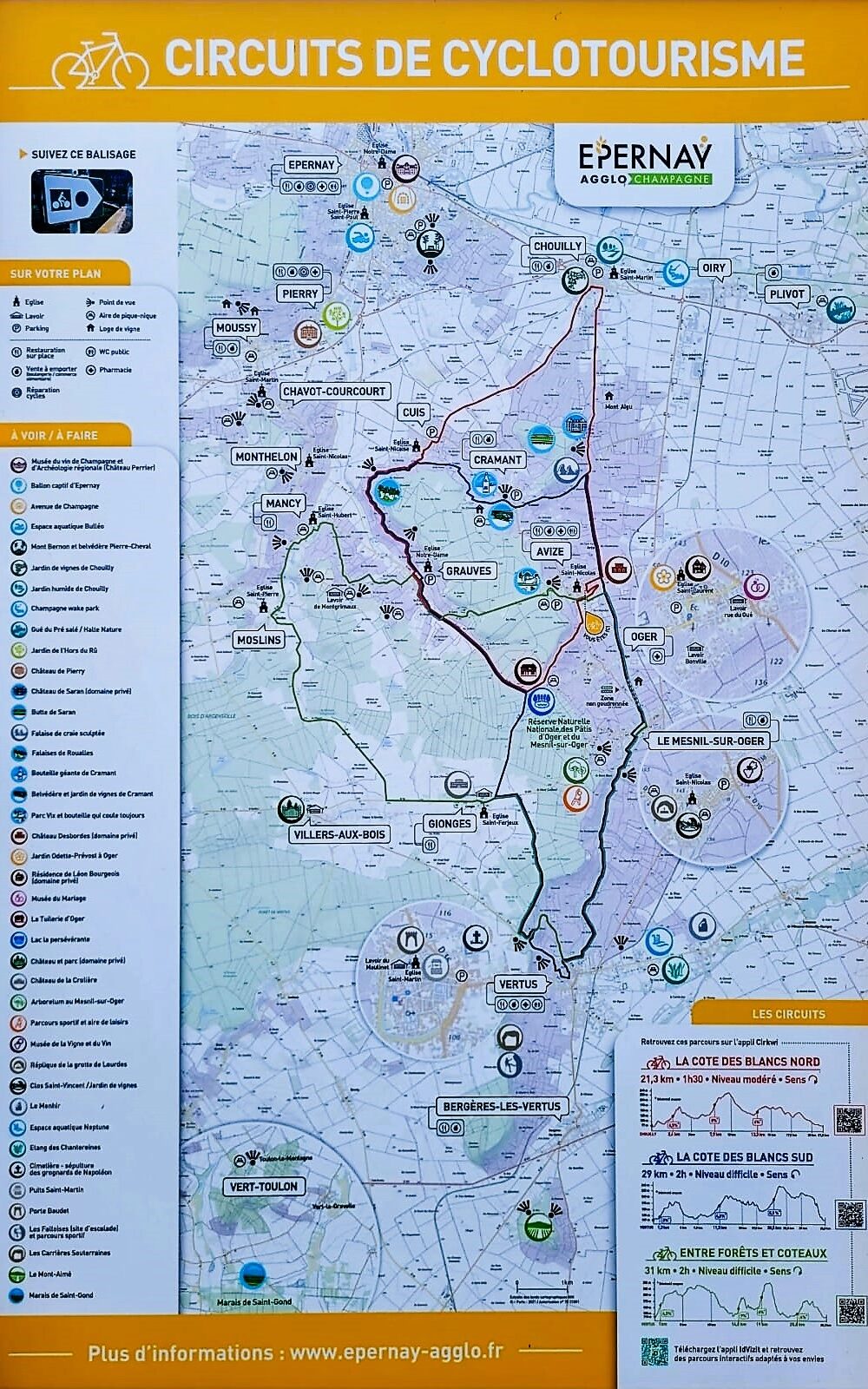 carte des circuits de cyclotourisme, balades à vélo autour d'Avize et la Côte des Blancs